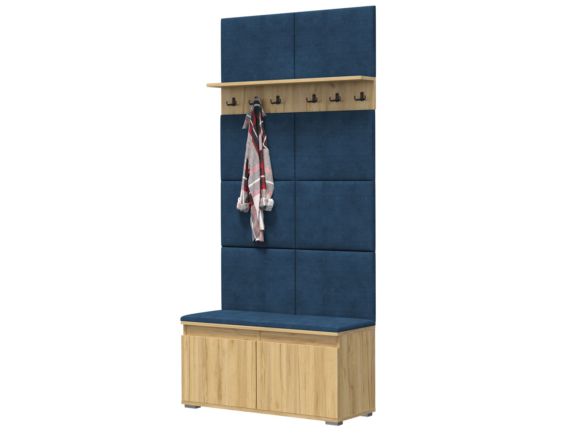 Meblowa1 Zestaw Szafka na buty z siedziskiem, panel ścienny i półka z 6 wieszakami, 8 paneli ściennych granatowy, Craft, 100x214x37 cm, 45 kg