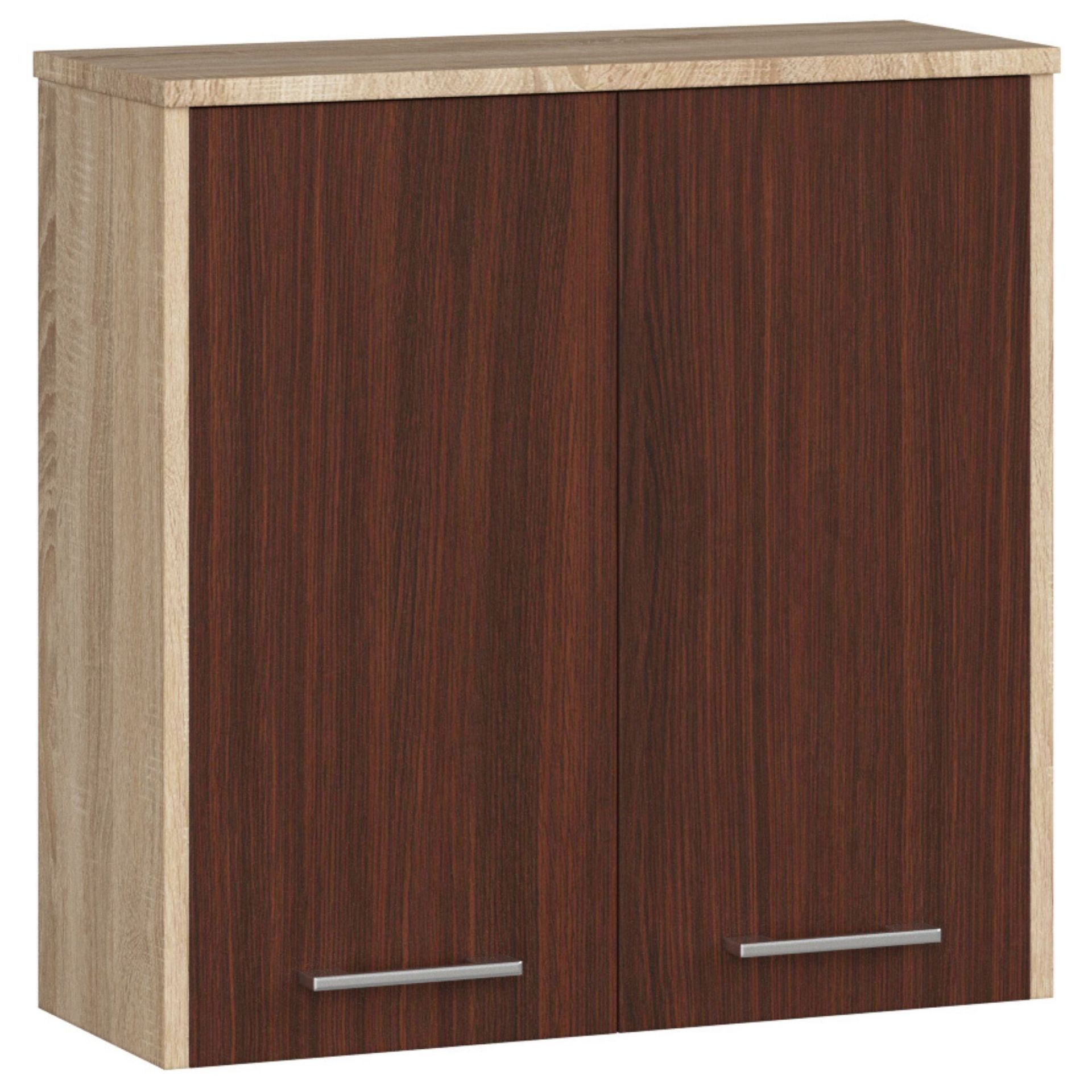 Szafka łazienkowa wisząca: dwoje drzwi, dwie półki, kolor: dąb sonoma wenge, wymiary mebla: szer: 60 cm, wys: 60 cm, gł: 22,5 cm.