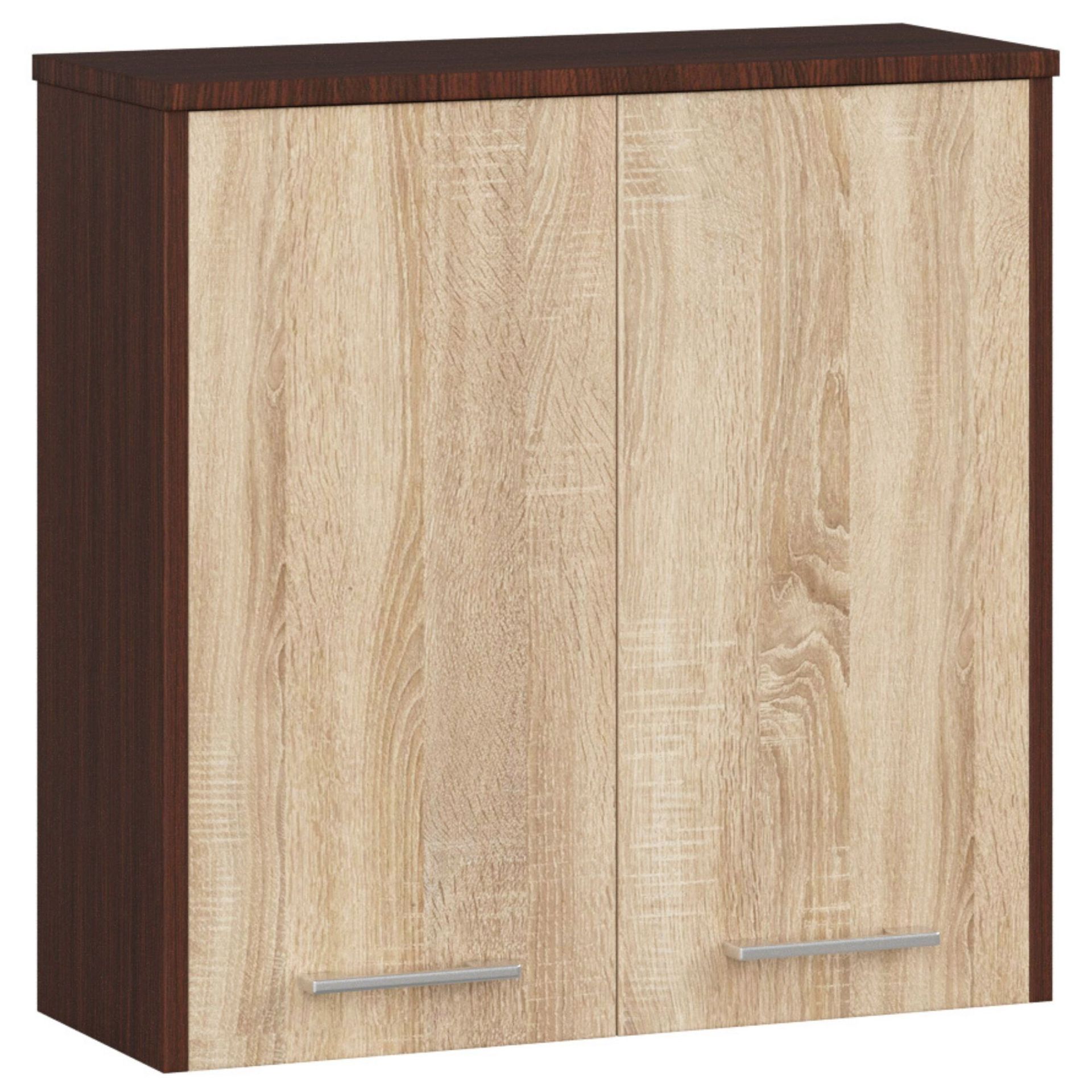 Szafka łazienkowa wisząca: dwoje drzwi, dwie półki, kolor: wenge dąb sonoma, wymiary mebla: szer: 60 cm, wys: 60 cm, gł: 22,5 cm.