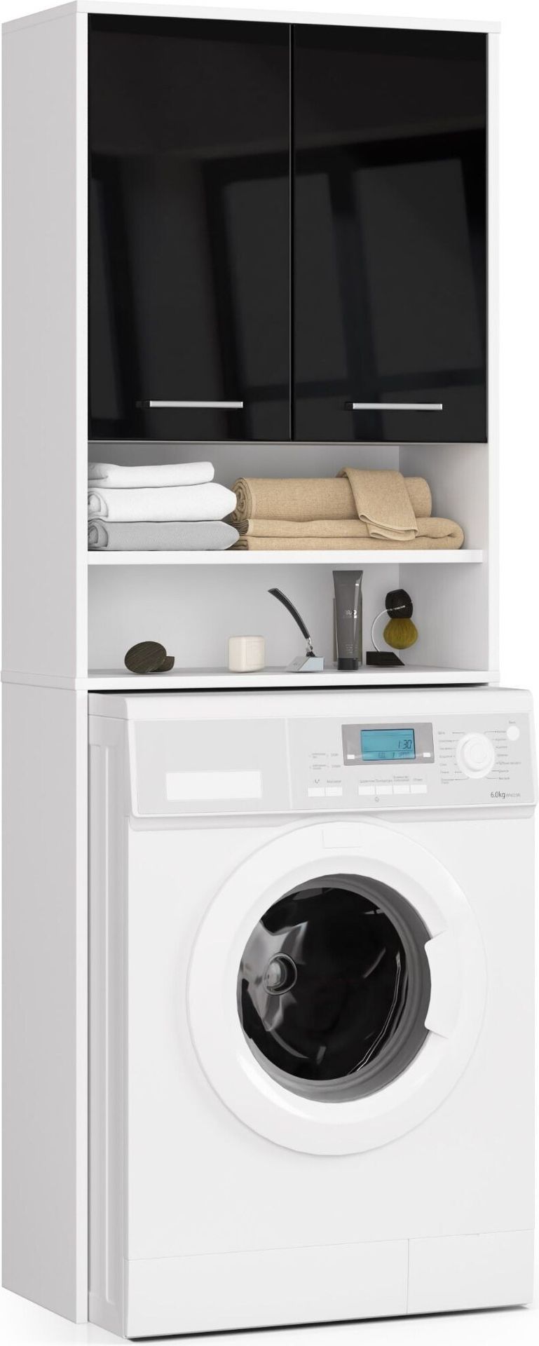 Szafka łazienkowa nad pralkę: dwoje drzwi, cztery półki, kolor: biały czarny błyszczący, wymiary mebla: szer: 64 cm, wys: 180 cm, gł: 30 cm