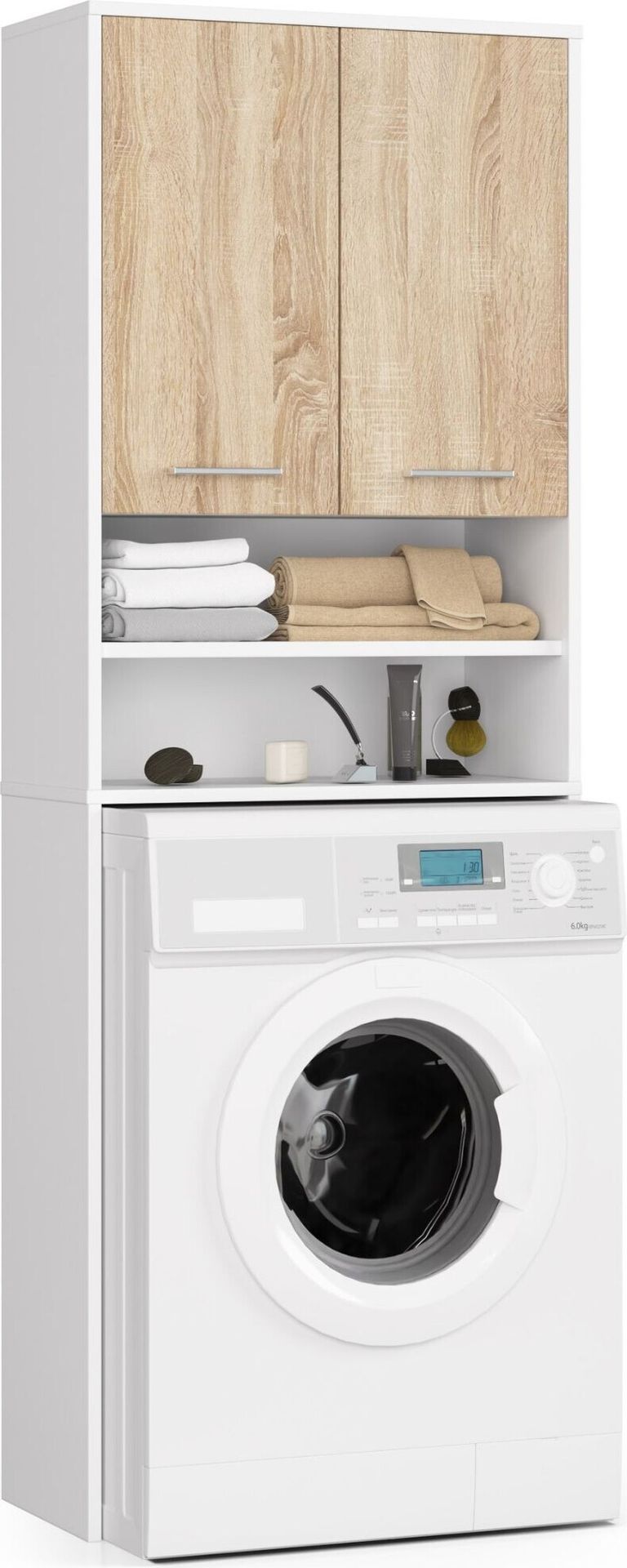 Szafka łazienkowa nad pralkę: dwoje drzwi, cztery półki, kolor: biały dąb sonoma, wymiary mebla: szer. 64 cm, wys. 180 cm, gł. 30 cm