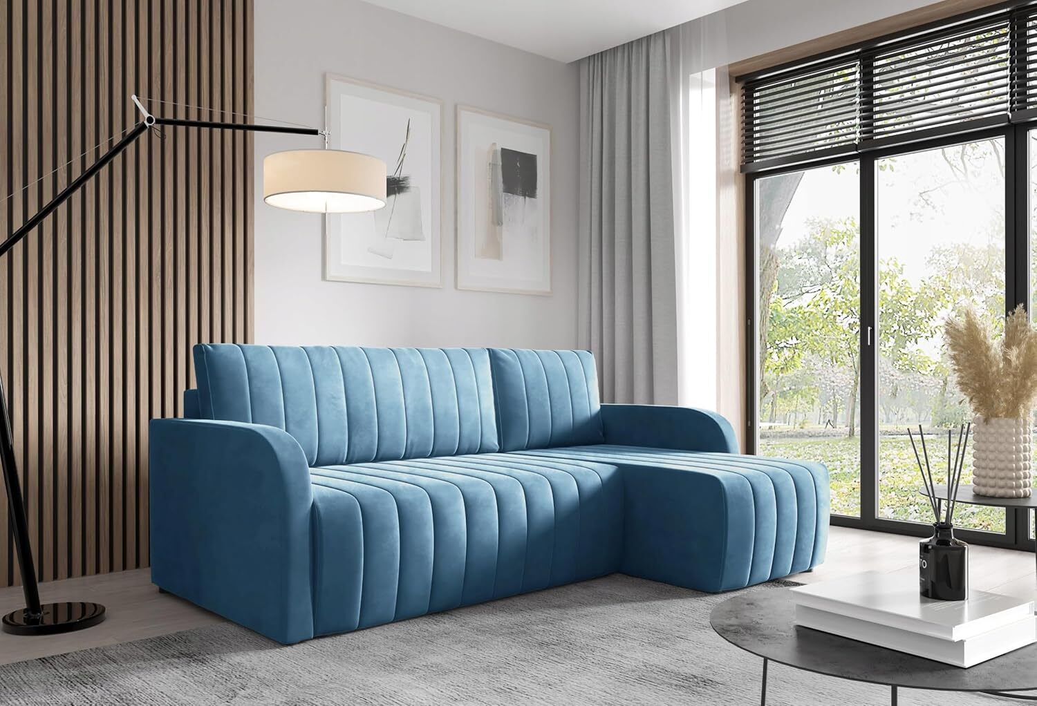 LIKMA Narożnik 224 cm Turkusowy Rozkładany Otto Kształt L z Funkcją Spania (200x140 cm) i Pojemnikiem na Pościel Tapicerowana Sofa