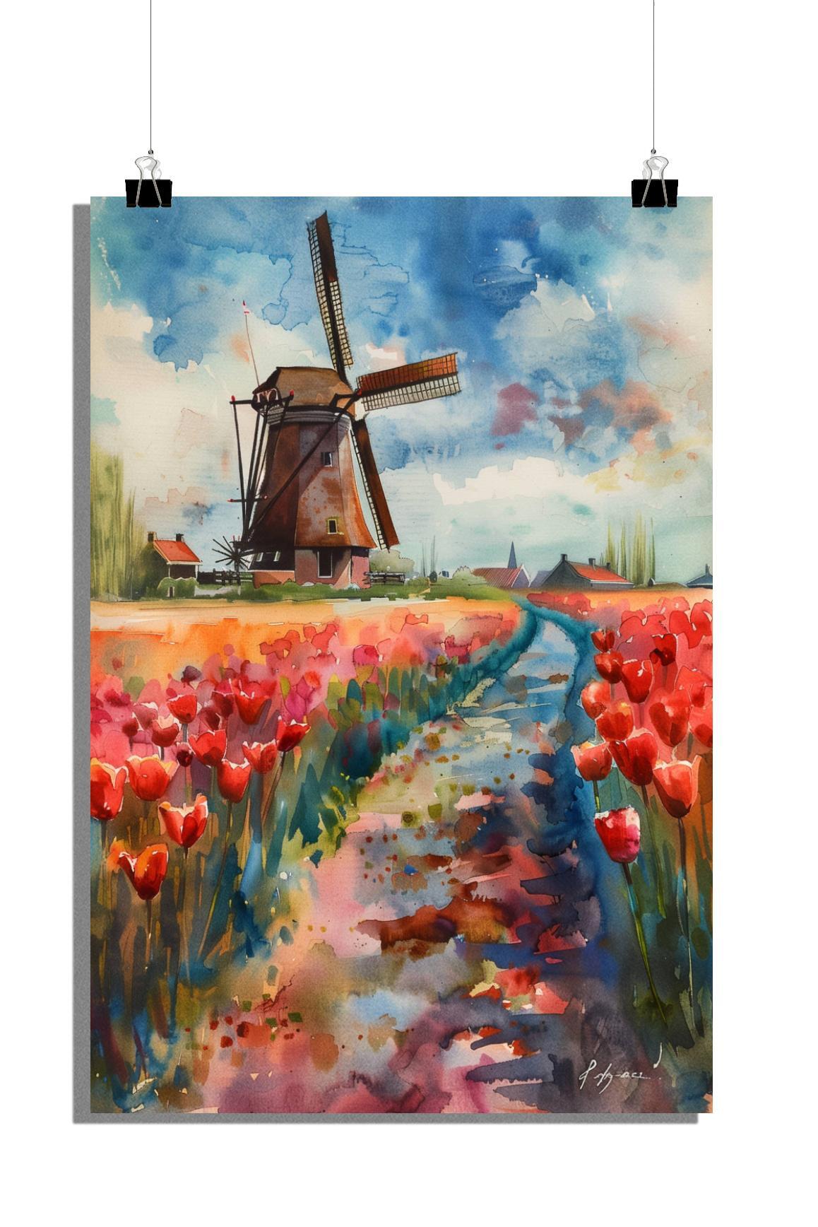 Plakat z wiatrakiem - Plakat z tulipanem - Plakat polny - Plakat akwarelowy - 51x71cm - Idealny do oprawienia w ramę