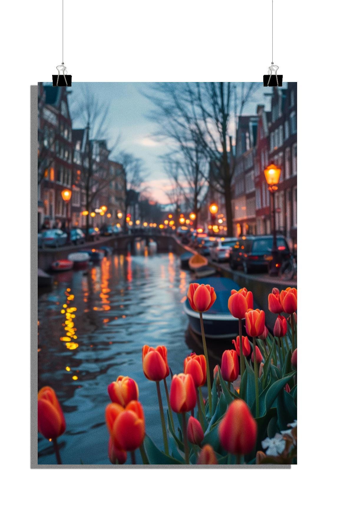 Plakat Tulipan - Plakat Amsterdam - Plakat Kanał - Plakat Natura - 51x71cm - Idealny do oprawienia w ramkę