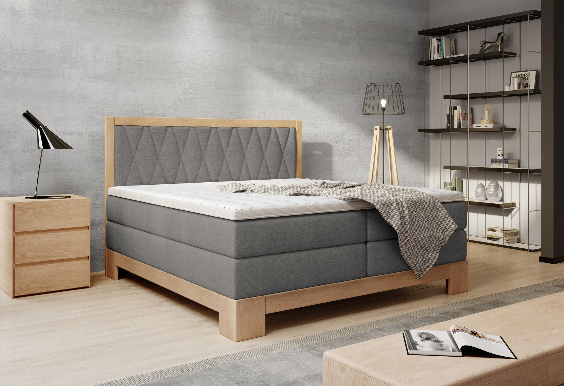 Łóżko kontynentalne do sypialni Skandynawskie łóżko sprężynowe 180x200cm w kolorze jasnego dębu Nowoczesny design Z ergonomicznym materacem i nakładką z zimnej pianki Kolor ciemnoszary