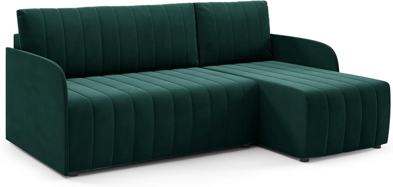 LIKMA Narożnik 208 cm Butelkowa Zieleń Rozkładany Otto SLIM Kształt L z Funkcją Spania (200x140 cm) i Pojemnikiem na Pościel Tapicerowana Sofa
