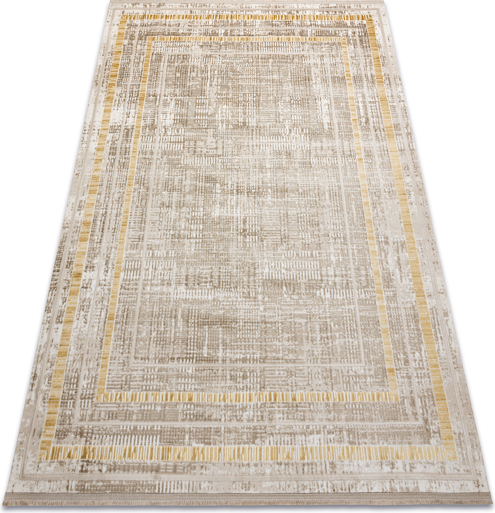 Dywan DUKE 51523 beż / złoty - Ramka, strukturalny, bardzo miękki, frędzle beżowy 140x190 cm