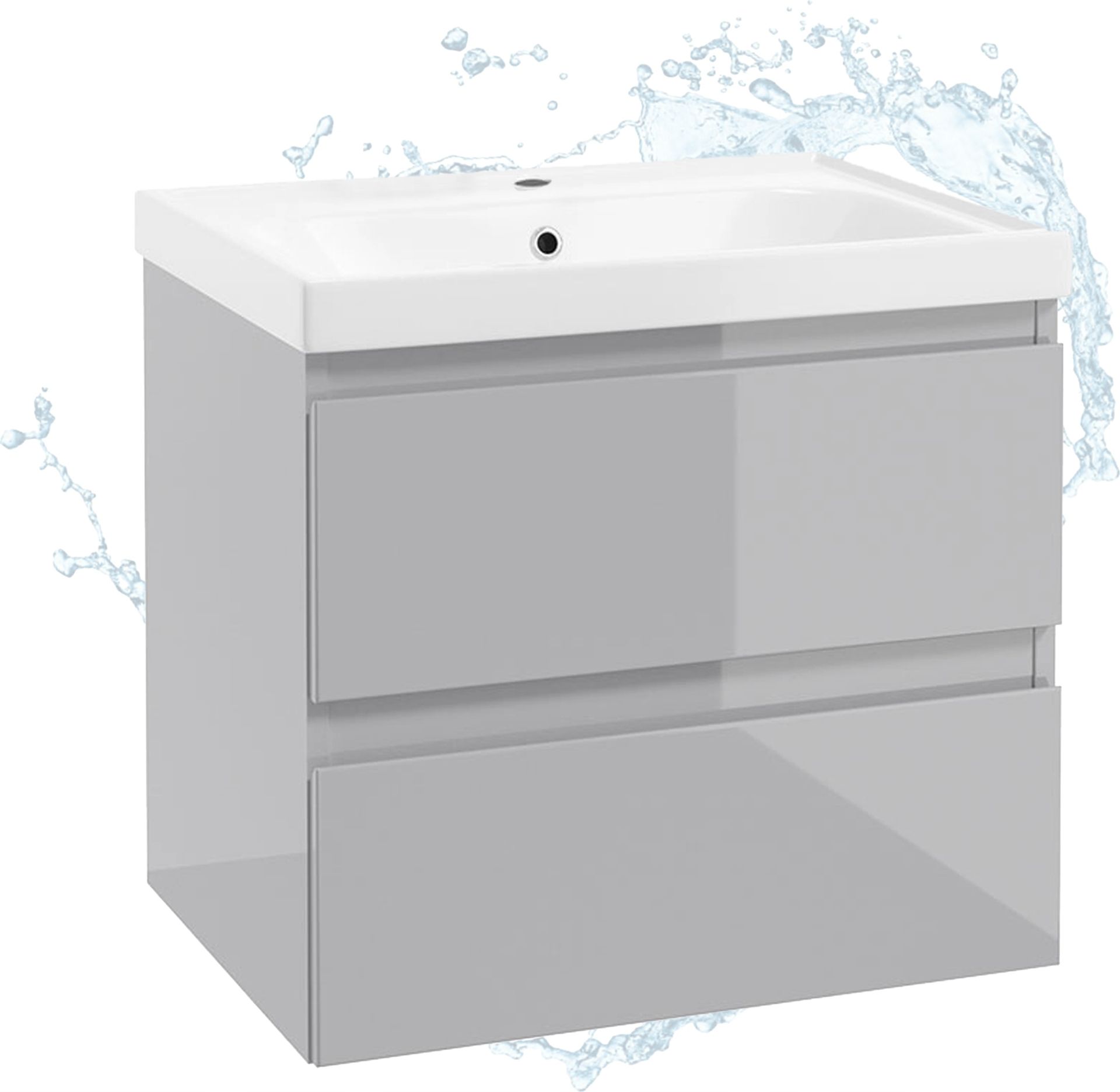 Zestaw Szafka Łazienkowa z Umywalką 60 Szary Połysk 2 Szuflady Wisząca