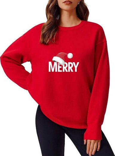 Damski sweter świąteczny Wesołych Świąt bluza Xmas pulower bluzka z długim rękawem, czerwony, damski, XL