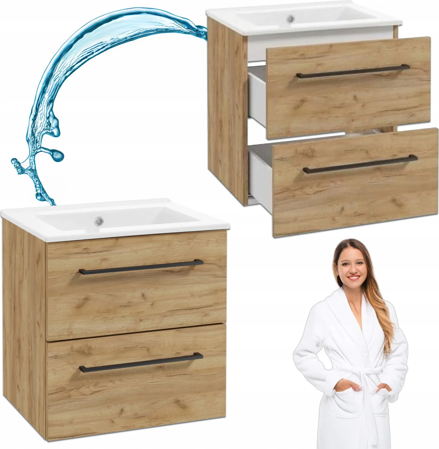 Szafka Łazienkowa Wisząca z Umywalką Ceramiczną 60 Dąb Craft Tobacco2 Szuflady Int