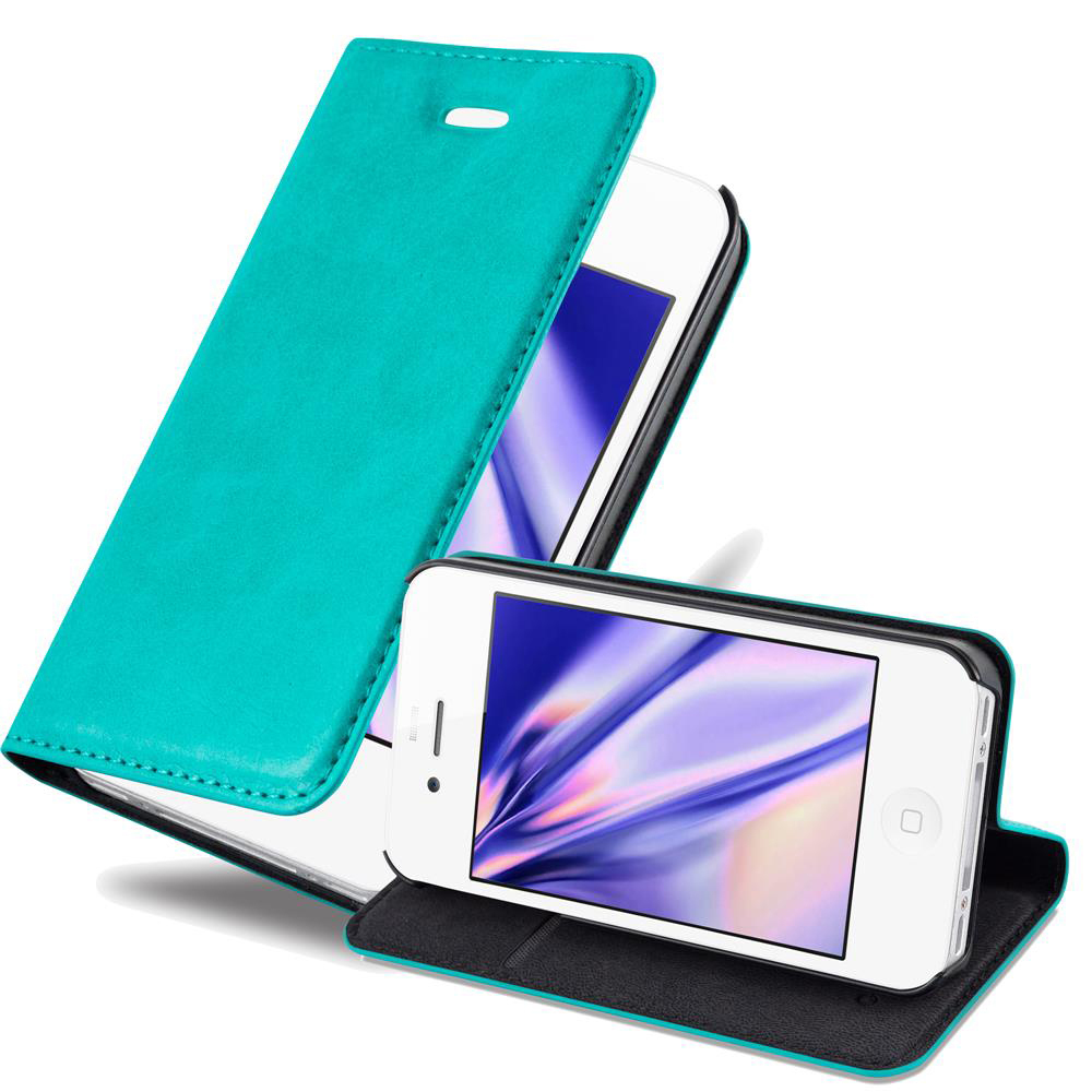 Etui Cadorabo do Apple iPhone 4 / iPhone 4S w kolorze PETROL TURQUOISE Etui na telefon komórkowy z zapięciem magnetycznym, funkcją podstawki i miejscem na kartę Etui Etui ochronne Etui z klapką w stylu książki