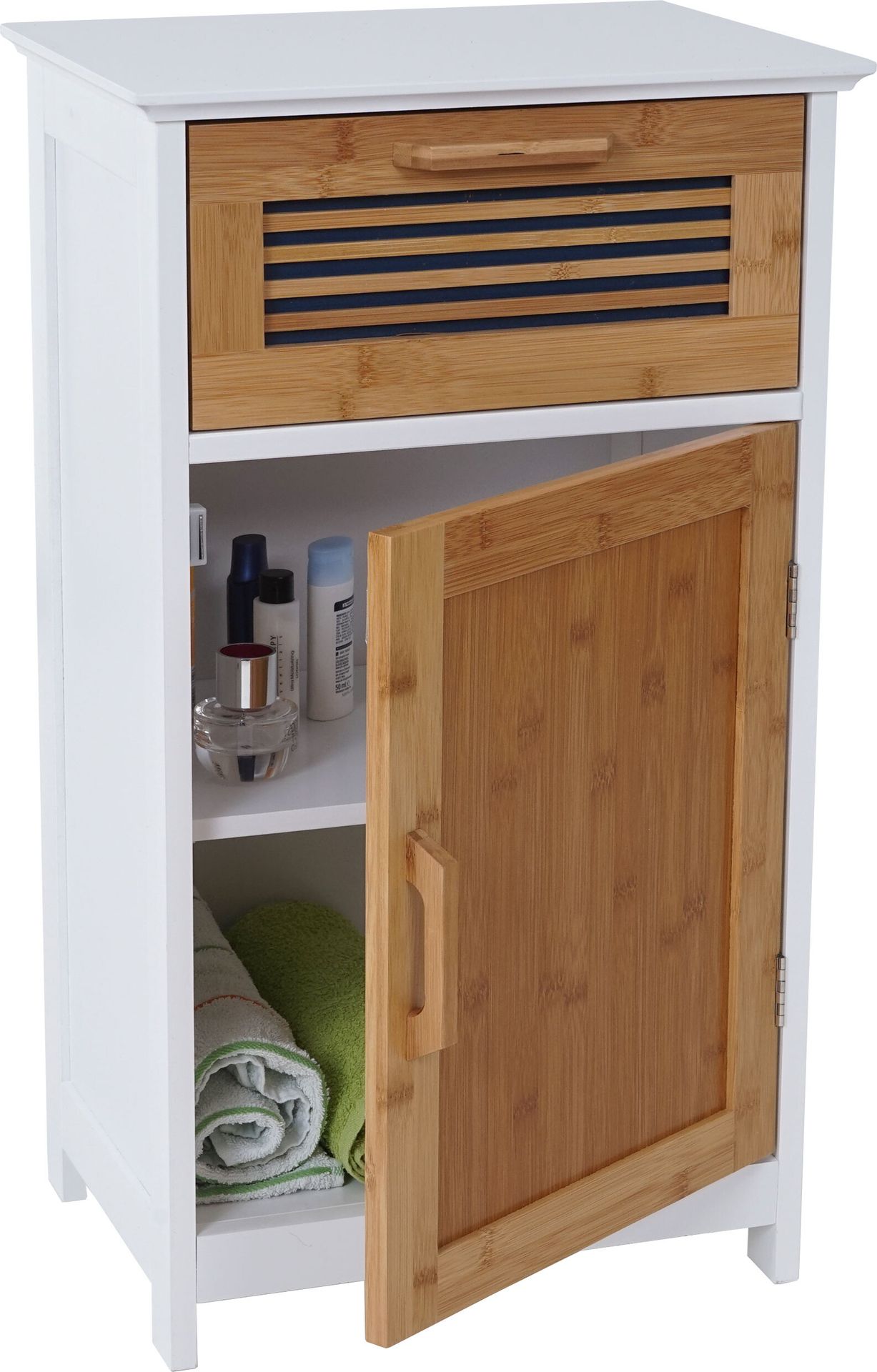 Komoda HWC-A85, szafka łazienkowa bambusowa, 71x40x31cm biała