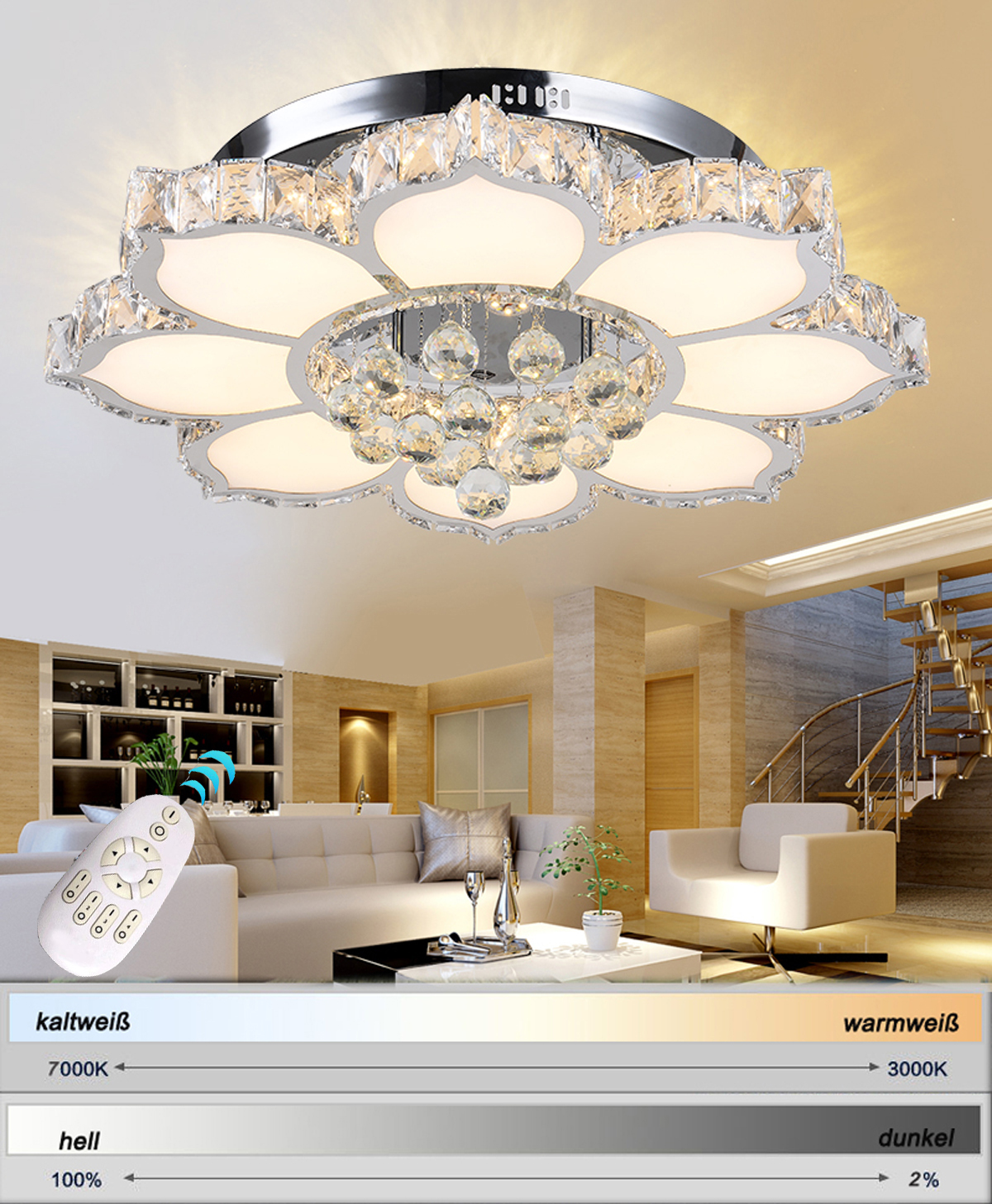 Lampa sufitowa LED 3017WJ-660 132W z pilotem Regulacja barwy/jasności światła Ściemnialny kryształ 3x5 cm. 132-watowa lampa sufitowa A+