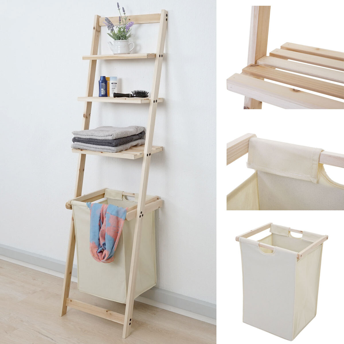 Półka drabinkowa HWC-B59, półka Kosz na pranie Kosz na pranie Półka drewniana Półka łazienkowa Półka schodkowa, jodła 152x41x35cm 39l