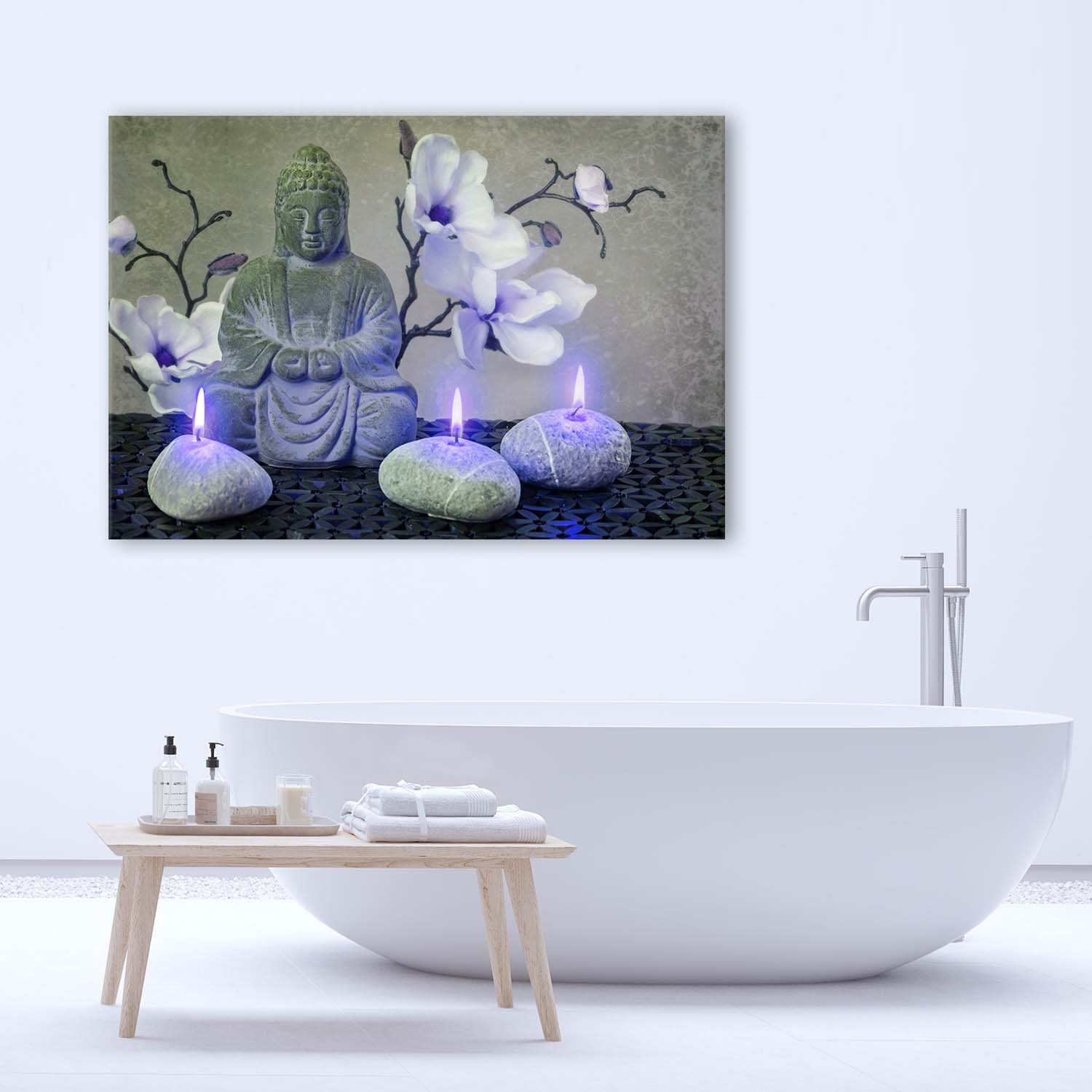 Obraz na płótnie Budda z orchideami i świecami 120x80 cm 3D VLIES fototapeta fototapetyReplika acja ścienna projekt salon sypialnia przedpokój biuro kuchnia