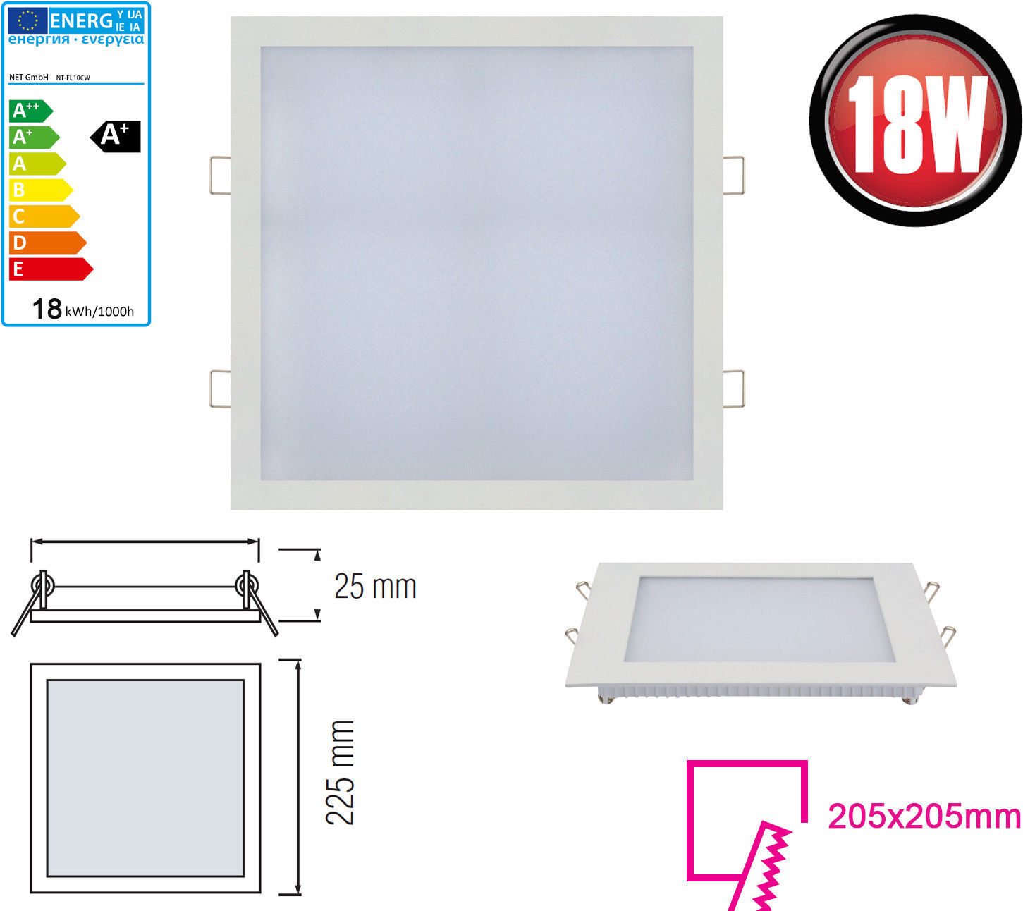 5x 18W LED panel 225 x 225mm wpuszczany reflektor wpuszczany światło ciepłe białe 1360 lumenów lampa sufitowa kątowa