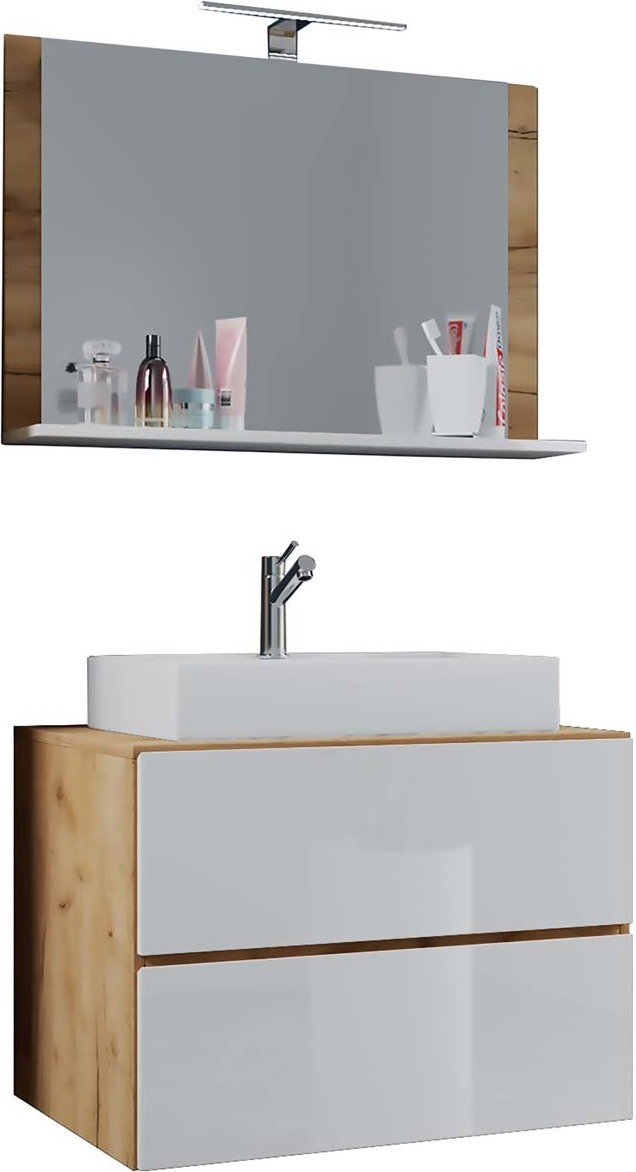 LendasM szafka łazienkowa 80 cm, lustro,Replika dąb miodowy,biały.