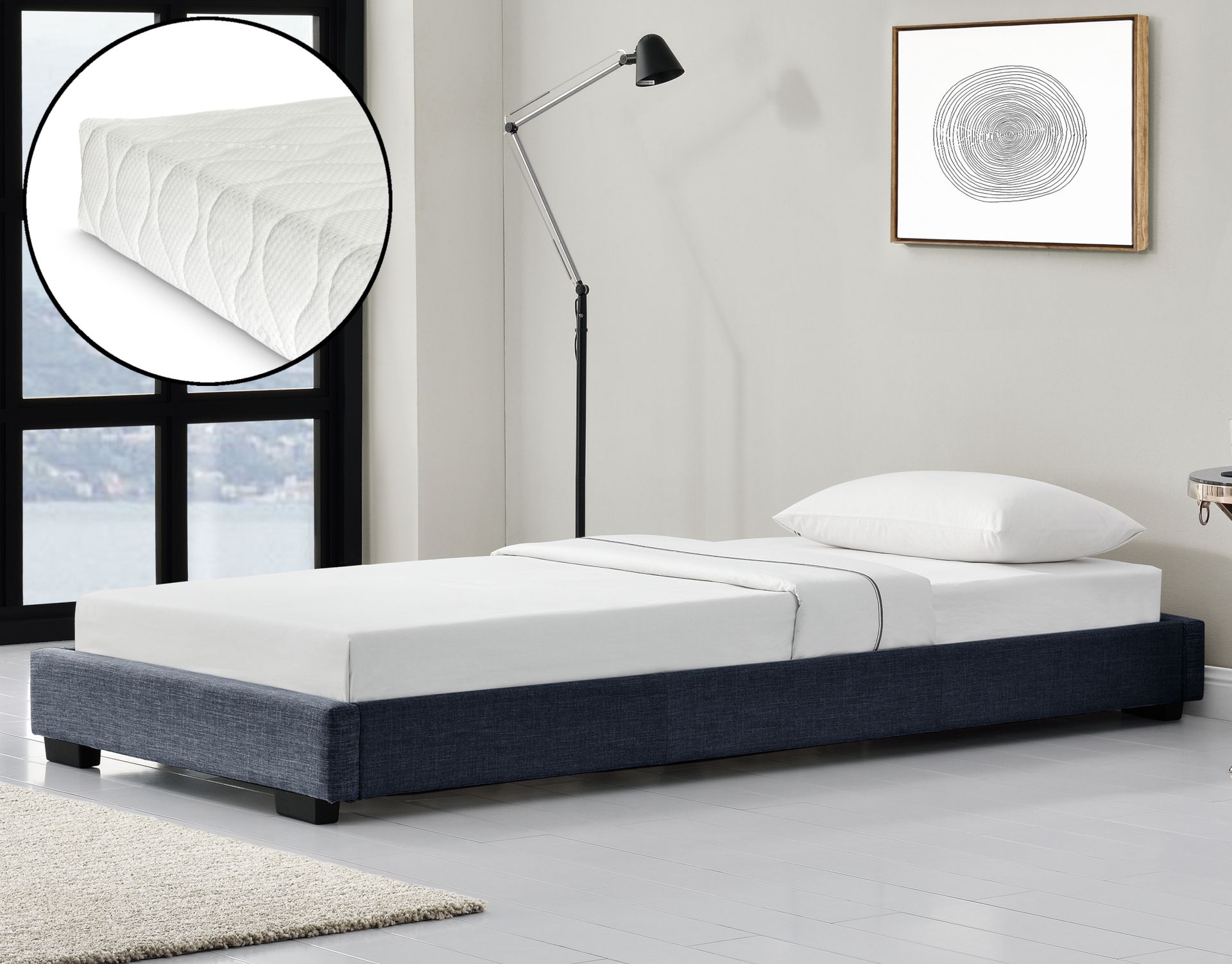 Łóżko tapicerowane z materacem z zimnej pianki i stelażem listwowym 90x200 cm łóżko pojedyncze wykonane z lnu z materacem ÖKO-TEX Standard 100 łóżko młodzieżowe w kolorze ciemnoszarym Corium