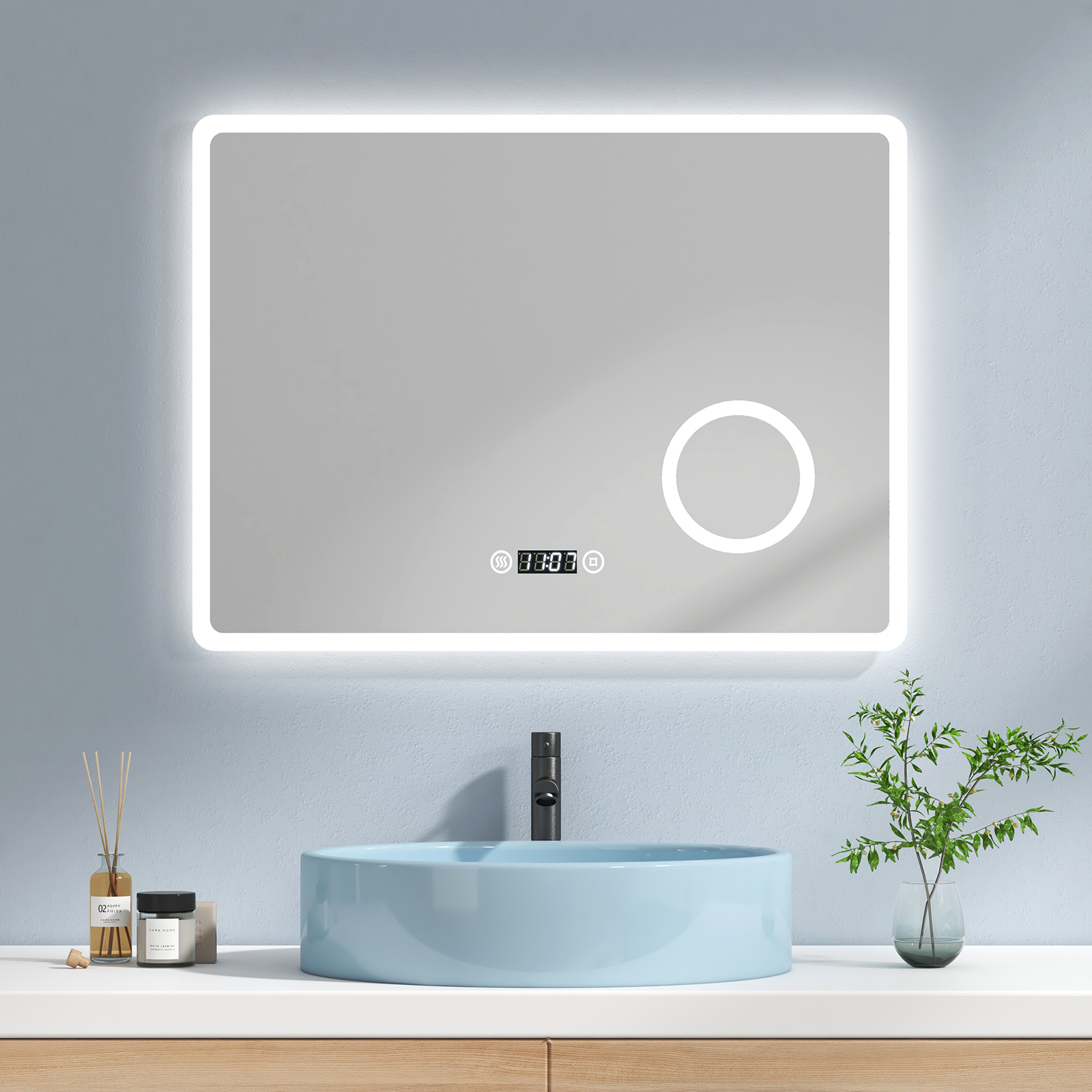 EMKE Lustro łazienkowe LED 80x60cm Lustro łazienkowe z oświetleniem zimna biel Podświetlane lustro ścienne z przełącznikiem dotykowym + przeciwmgielne + zegar + 3-krotne powiększenie Lustro do makijażu IP44 Energooszczędne