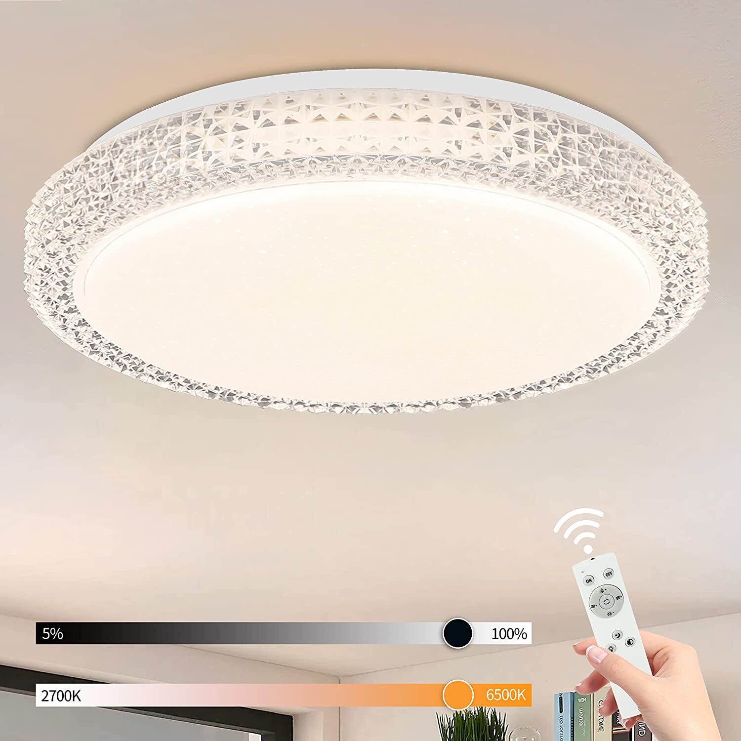 ZMH Lampa sufitowa LED z możliwością ściemniania CCT Gwieździste niebo z pilotem Lampa sufitowa Okrągły kryształ 18W 30CM Do salonu Sypialnia