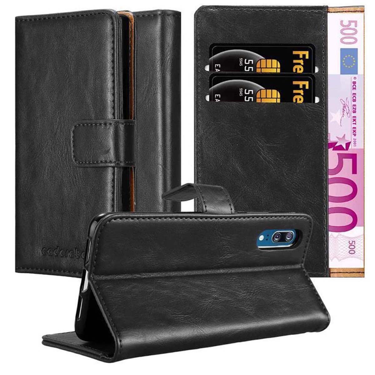 Etui Cadorabo do Huawei P20 w kolorze GRAPHITE BLACK Etui na telefon komórkowy z magnetycznym zamknięciem, funkcją podstawki i miejscem na kartę Etui Etui ochronne Etui z klapką w stylu książki