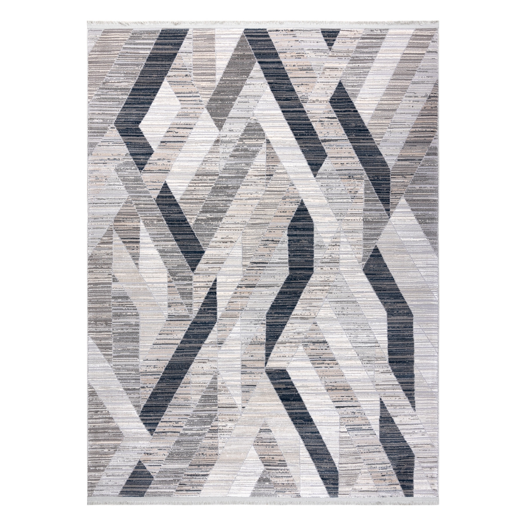 Dywan REBEC nowoczesny frędzle 51166B Geometryczny - dwa poziomy runa granat / krem niebieski 80x150 cm