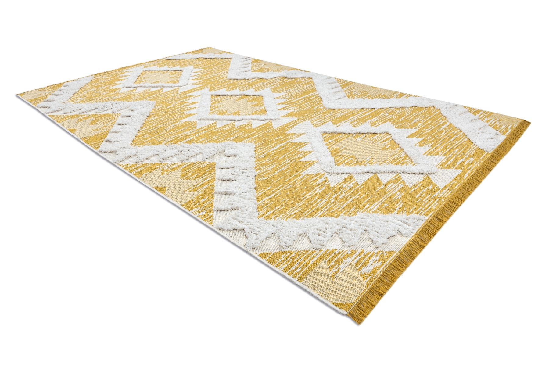 Dywan MOROC Romby 22312 Ekologiczny, EKO SIZAL frędzle - dwa poziomy runa / krem, dywan z bawełny recyklingowanej żółty 194x290 cm