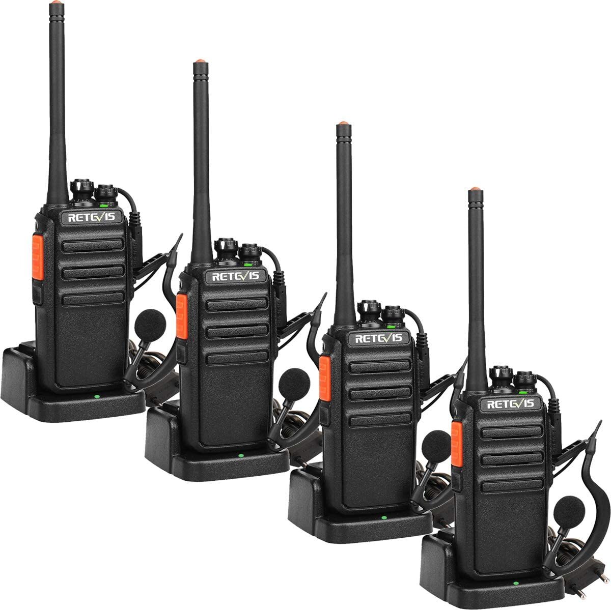 Nadajnik Retevis RT24, 4-częściowy nadajnik bez licencji, 16 kanałów CTCSS/DCS VOX, dwukierunkowe radiotelefony z ładowalną podstawką na słuchawki (czarny), dla restauracji szkolnych Camp Factory