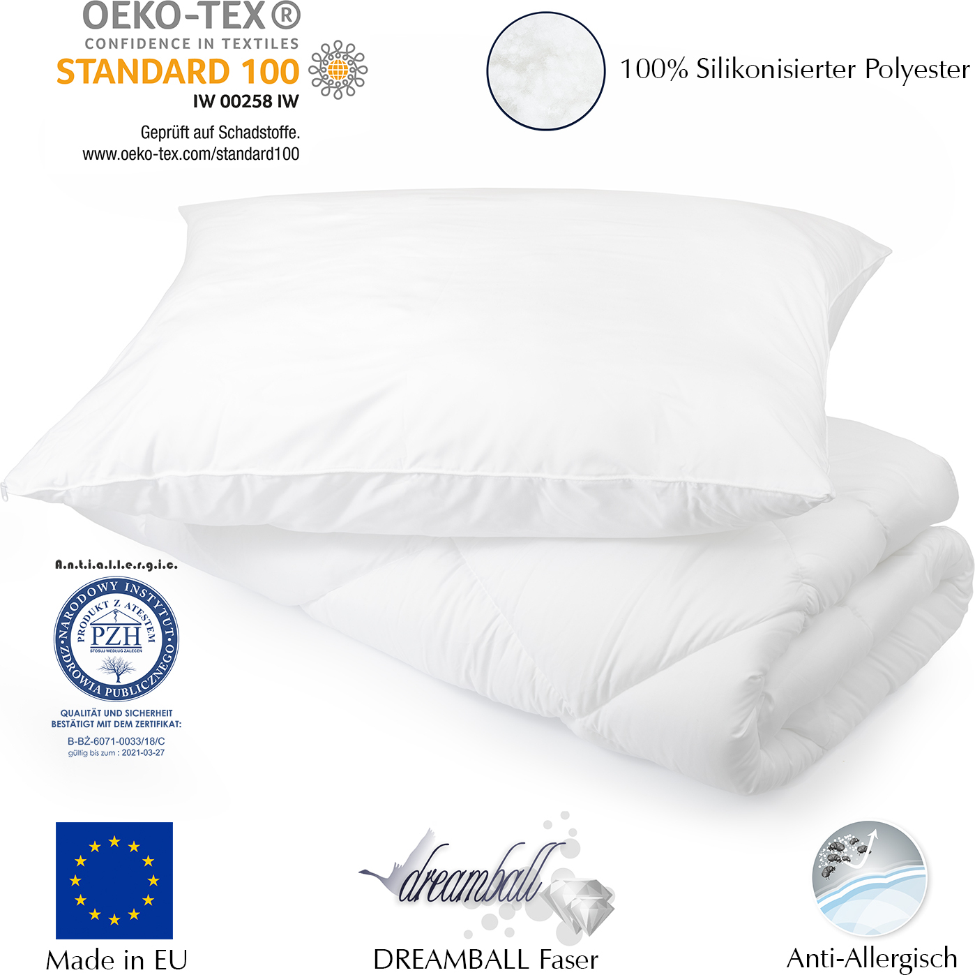 1-częściowy zestaw kołdra i poduszka 155x200 4 pory roku + poduszka 80x80 poszwa na kołdrę i kołdra: 100% mikrofibra certyfikat Oeko-TEX wypełnienie: kołdra 1120g, poduszka 1100g