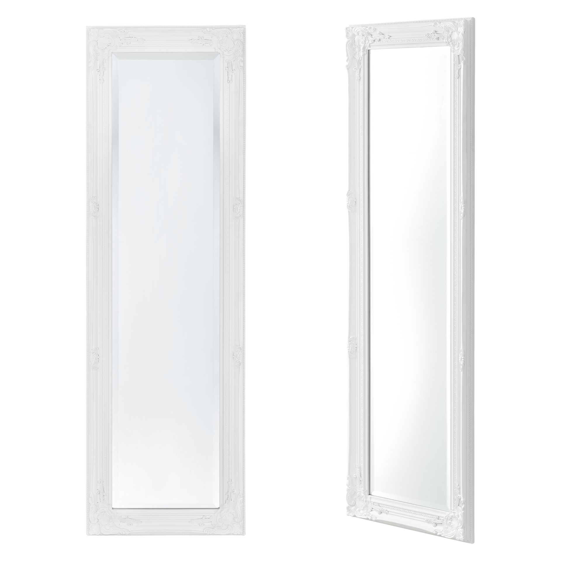 Lustro ścienne barokowe 132 x 42 cm białe lustro pełnej długości w ramie z drewna eukaliptusowego antyczne lustro ozdobione ornamentami [en.casa]
