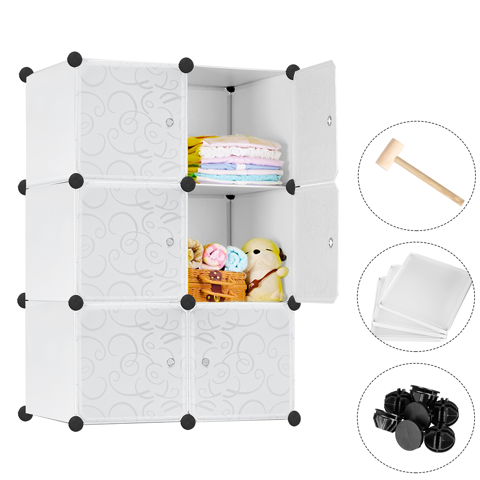 NAIZY Szafka na buty DIY Szafka na buty Regał na buty Półki na ubrania, buty, zabawki i książki 70 cm x 35 cm x 105 cm 6 pudełek, biały z drzwiczkami