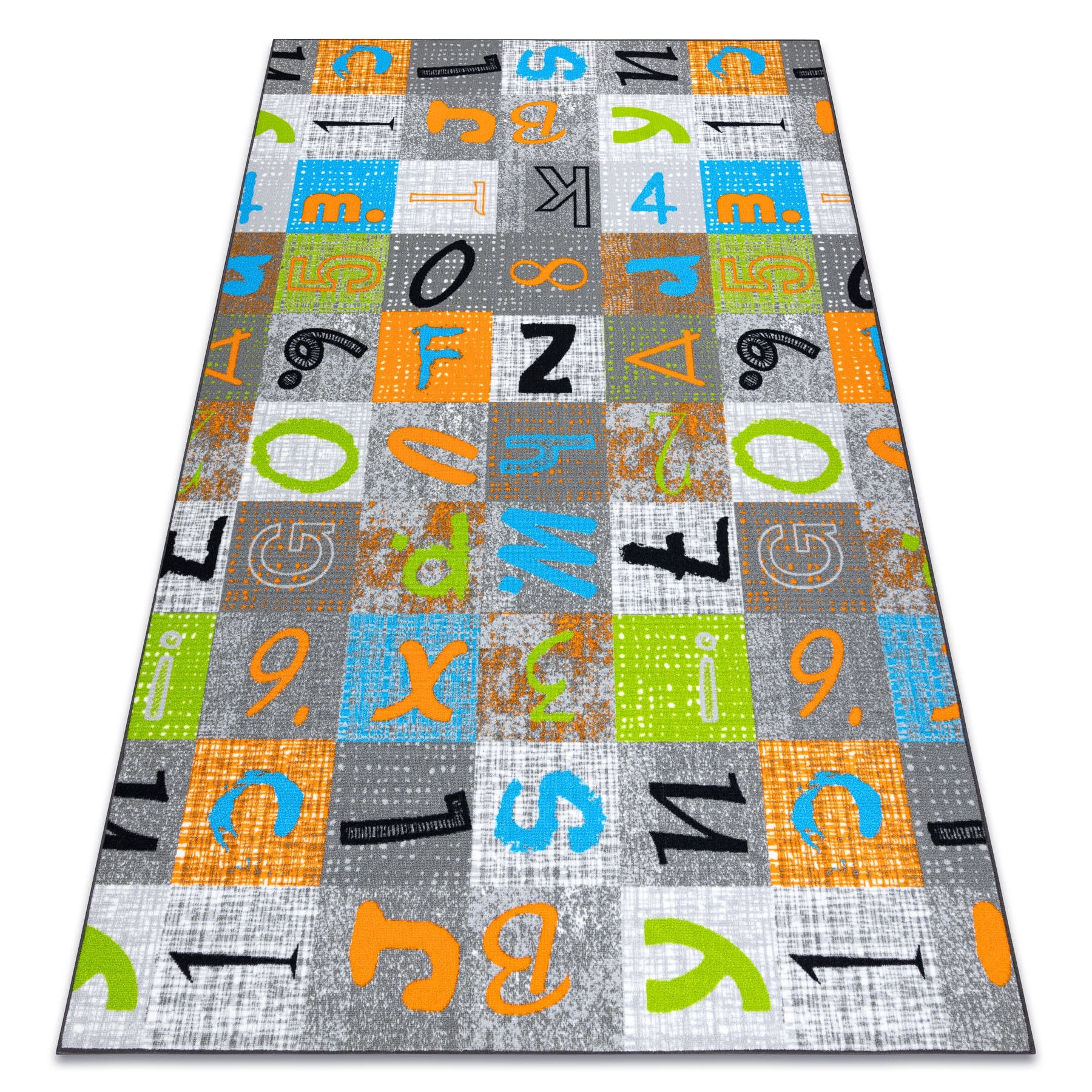 Dywan dla dzieci JUMPY Patchwork, Litery, Cyfry szary / pomarańczowy / niebieski wielokolorowy 100x400 cm