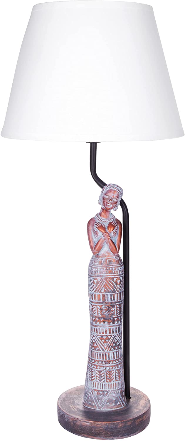 BRUBAKER Afrykańska lampa stołowa lub nocna o miedzianym wyglądzie - Lampa stołowa z ceramiczną podstawą i kloszem z tkaniny - 58 cm wysokości, szaro-biała