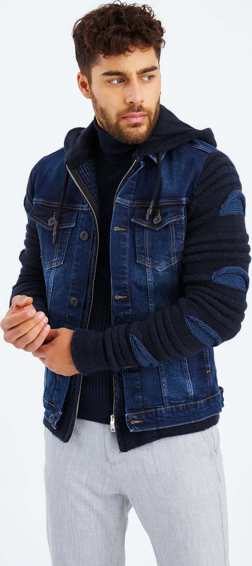 Męski sweter z dzianiny ze stójką Leif Nelson LN-5755, niebieski / L