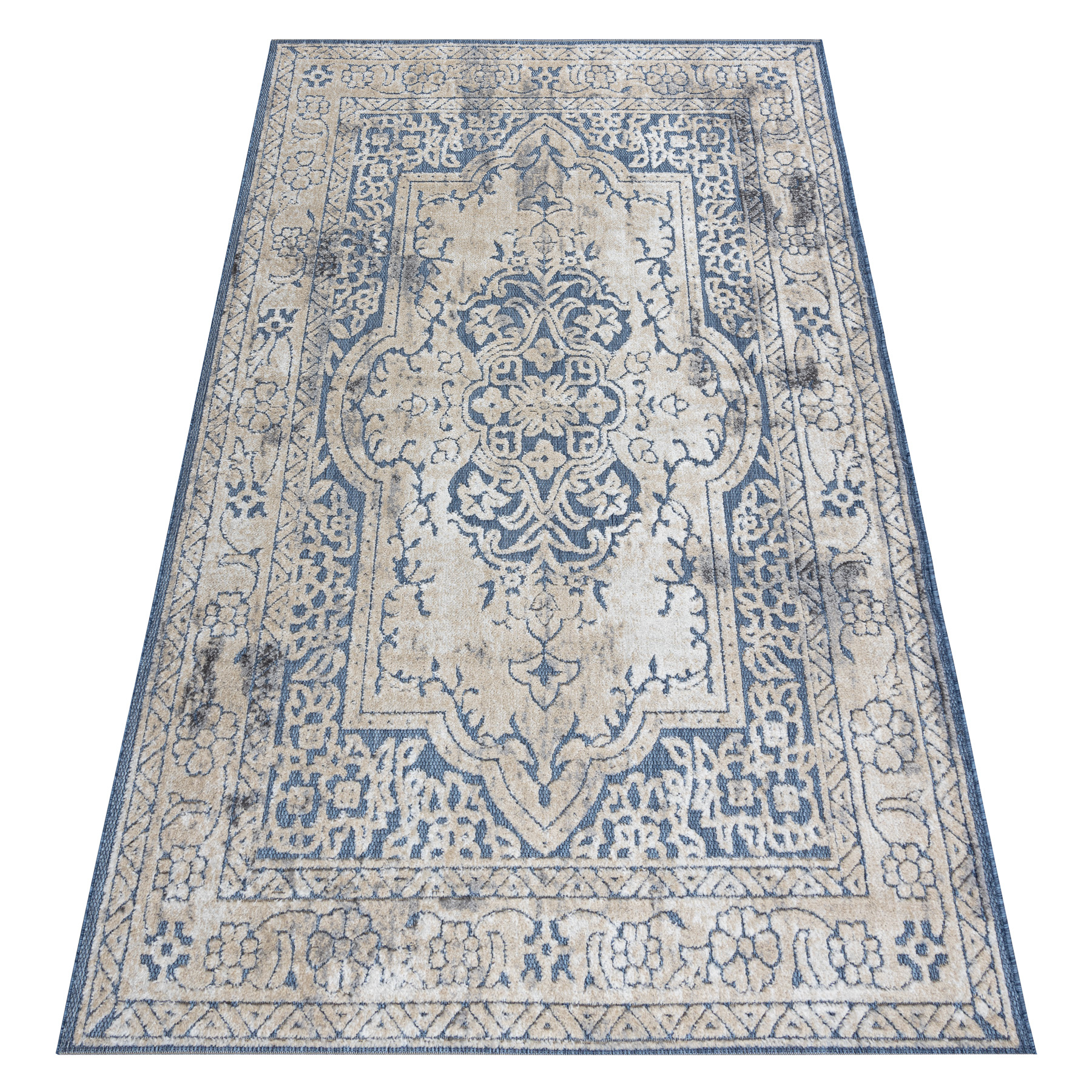 Dywan Strukturalny SOLE D3871 Ornament, ramka - płasko tkany / beż niebieski 80x250 cm