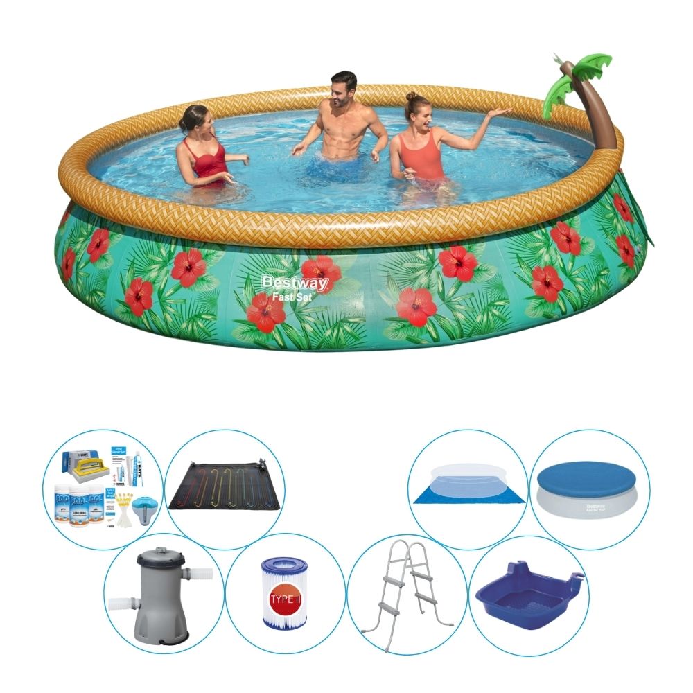 Basen wraz z akcesoriami - Bestway Fast Set 457x84 cm okrągły - Tropikalne kwiaty