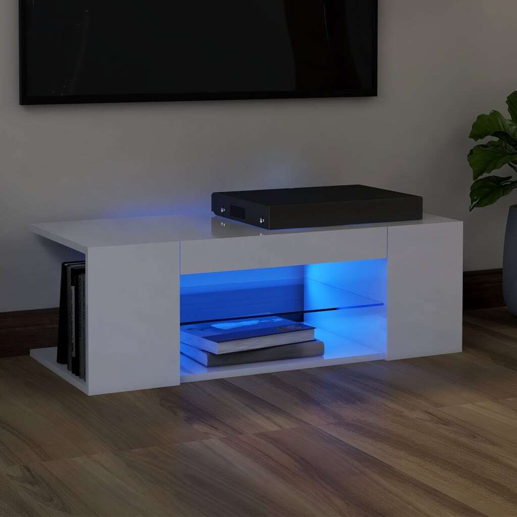 The Living Store Szafka pod telewizor z oświetleniem LED biały wysoki połysk 90x39x30 cm
