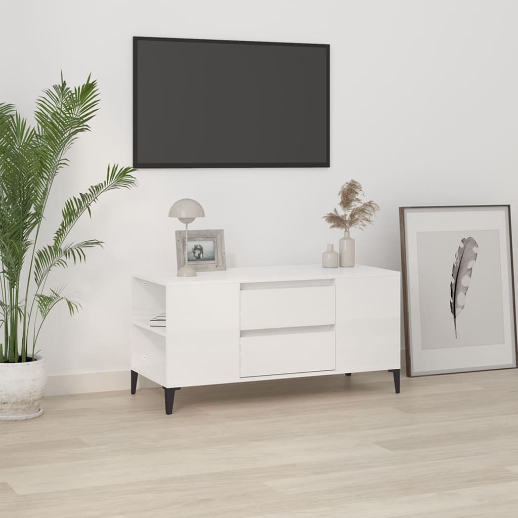 The Living Store szafka pod telewizor biały wysoki połysk 102x44,5x50 cm materiał drewnopochodny