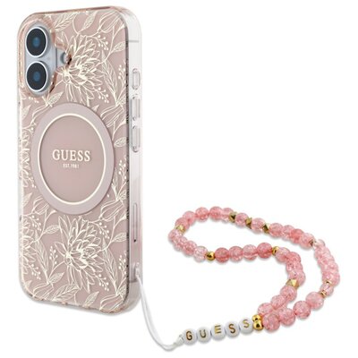 Guess IML Flowers Allover Electro With Pearl Strap MagSafe - Etui iPhone 16 Plus (różowy)