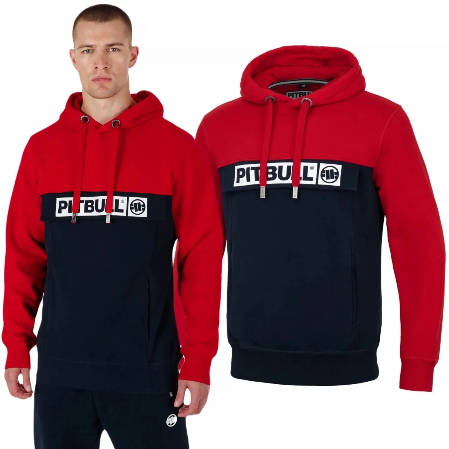 Bluza z kapturem PITBULL New Brushed Fleece Group Hilltop Dwukolorowa '24- Czerwona/Granatowa