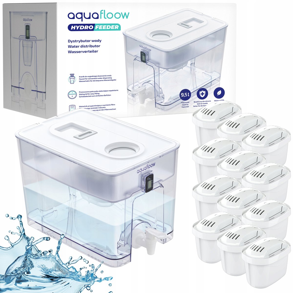 Duży dystrybutor wody AquaFloow XL 9,5l dyspenser na wodę + 12x filtr Maxi