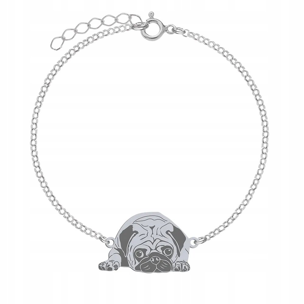 Bransoletka Srebrna z Mopsem 925 Biżuteria na Urodziny Kobieta GRAWER
