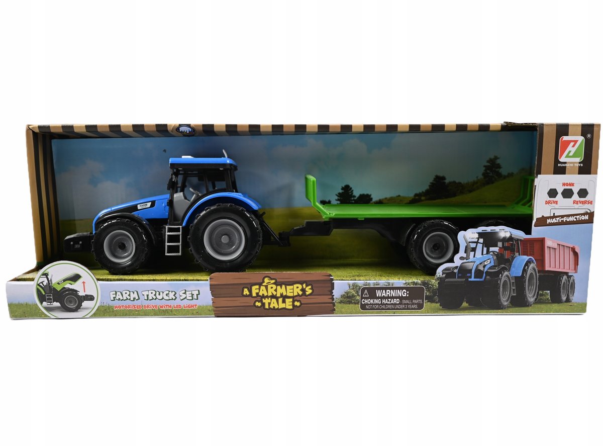NIEBIESKI TRAKTOR Z PRZYCZEPĄ MASZYNA ROLNICZA ZESTAW DLA CHŁOPCA