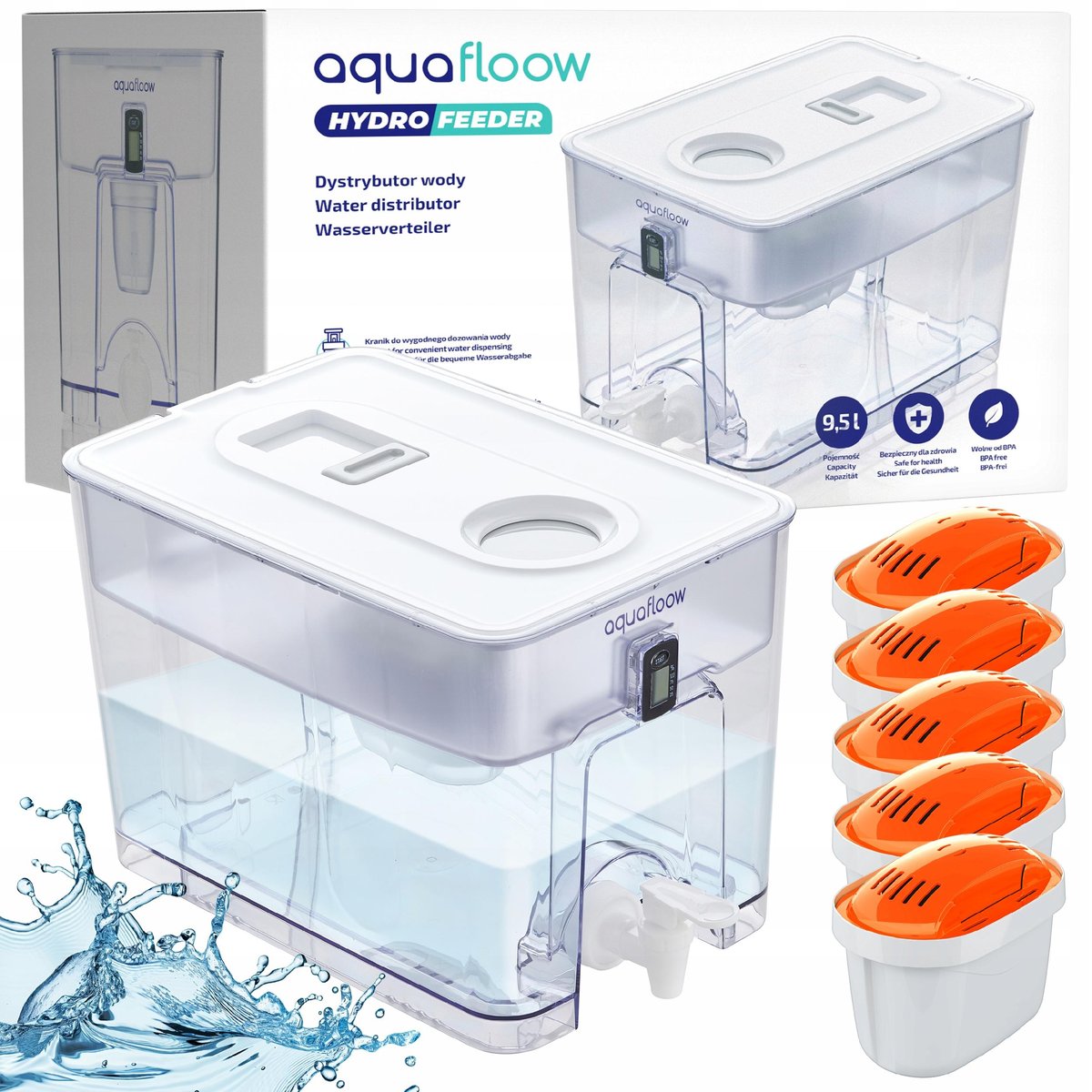 Duży dystrybutor wody AquaFloow XL 9,5l + 5x filtr do twardej wody MaxiHard
