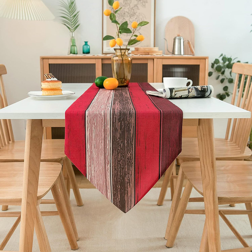 Bieżnik Czerwony Pomarańczowy Lniany Nowoczesny Tekstura drewna Paski Dom wiejski Rustykalny Retro Brązowy 33x183cm Jutowy Bieżnik na stół w jadalni..
