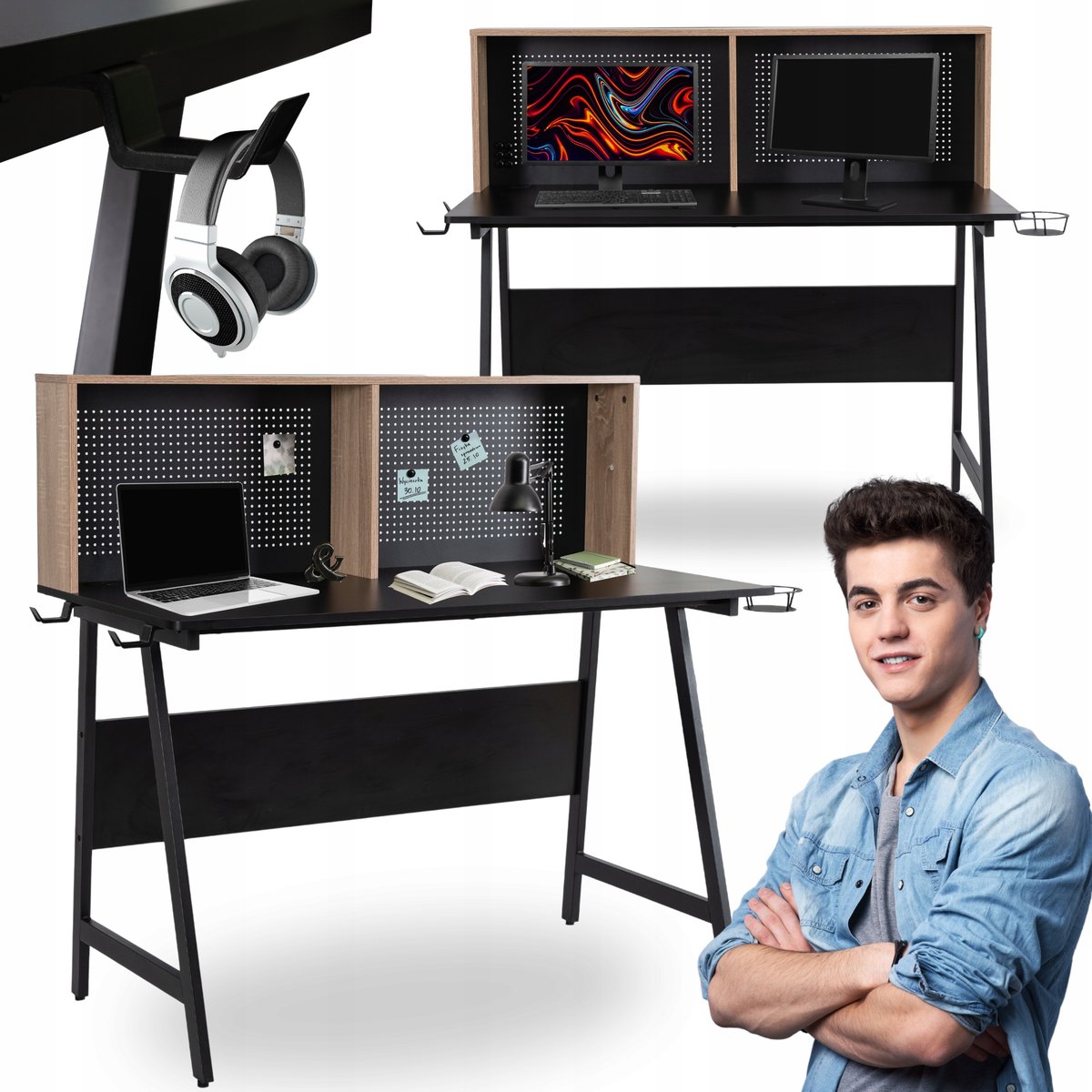 Biurko Czarne Loft Gabinetowe ICE Nowoczesne z Uchwytami Industrialne