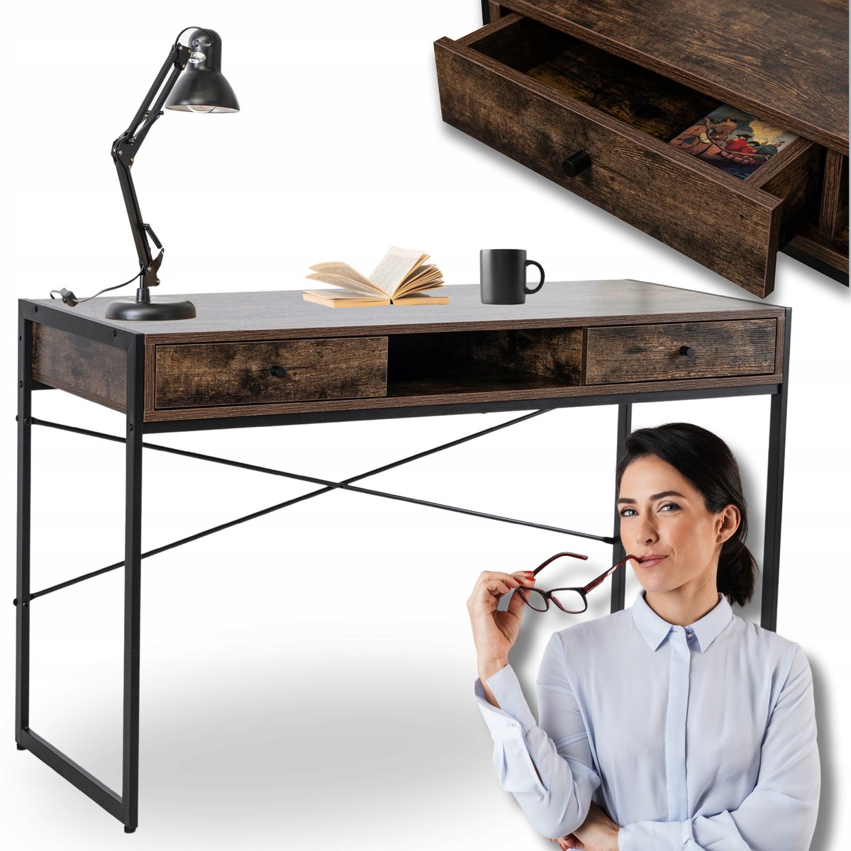 Biurko Loft z Szufladami Industrialne Drewniane STEP Dąb Rustykalny Vintage