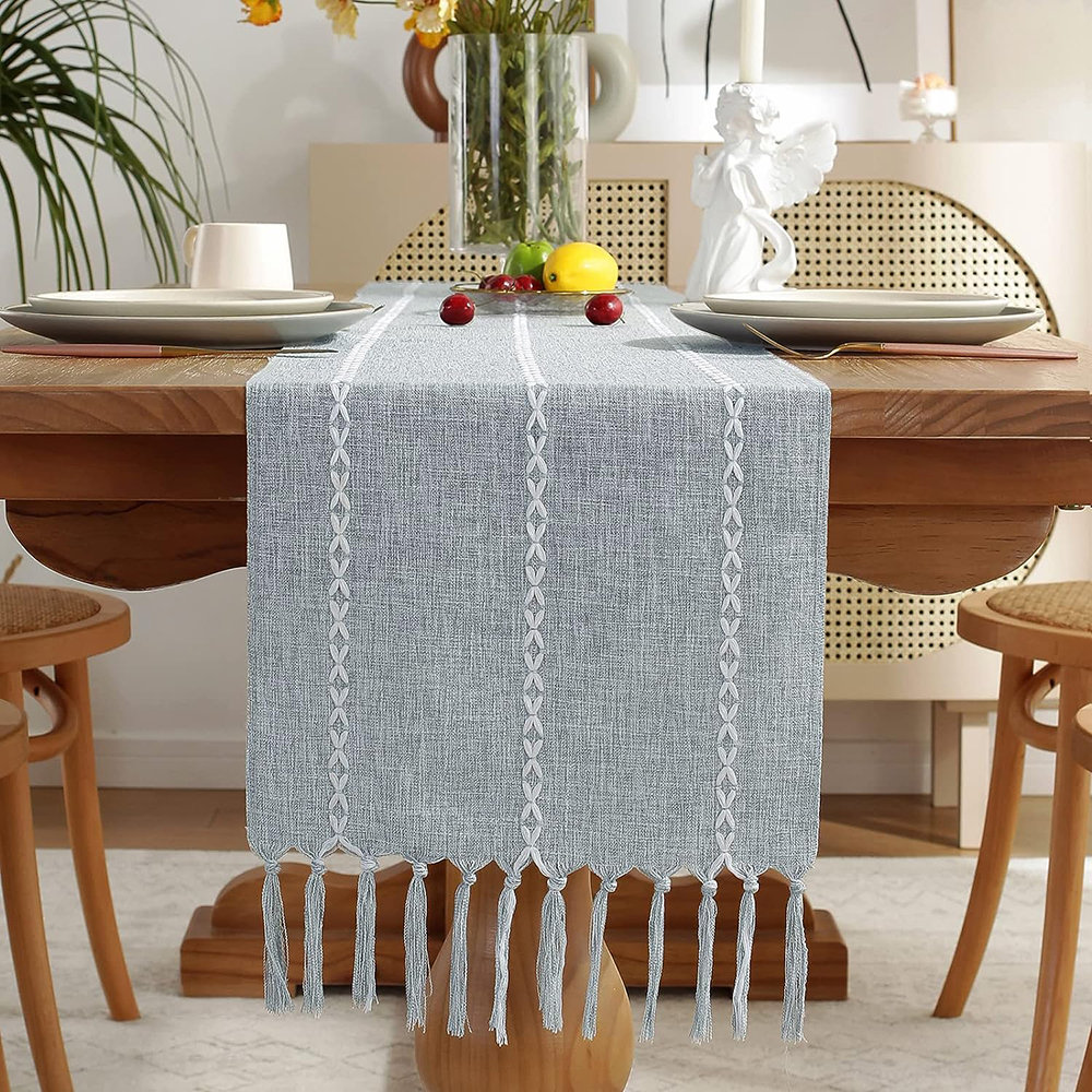 Farmhouse Dusty Blue Bieżnik Vintage Cotton Linen Bieżnik rustykalny 120 cm z ręcznymi frędzlami na imprezy, dekoracje jadalni, dekoracja stołu dese..
