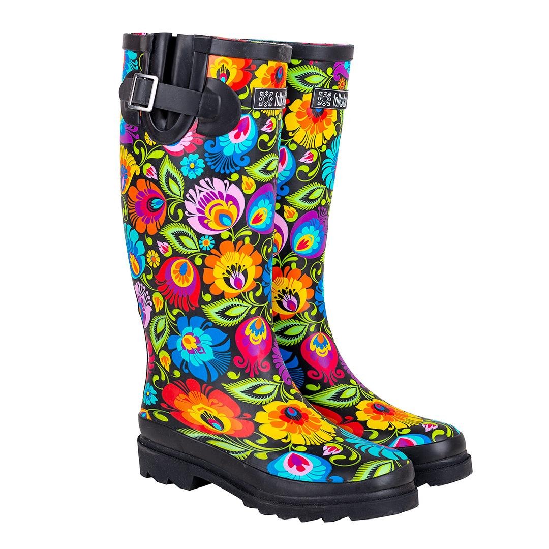 KALOSZE DŁUGIE FOLK - WZORY ŁOWICKIE - CZARNE - ROZMIAR 39 FOLKSTAR