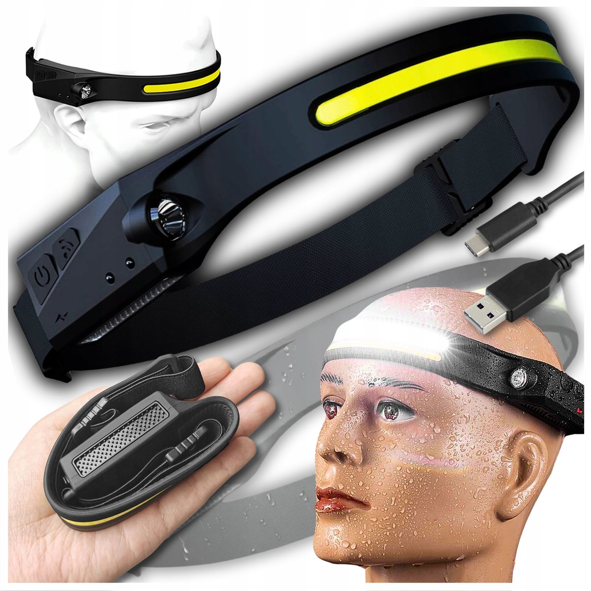 LATARKA CZOŁOWA CZOŁÓWKA LED AKUMULATOROWA USB CZUJNIK RUCHU 5 TRYBÓW CREE